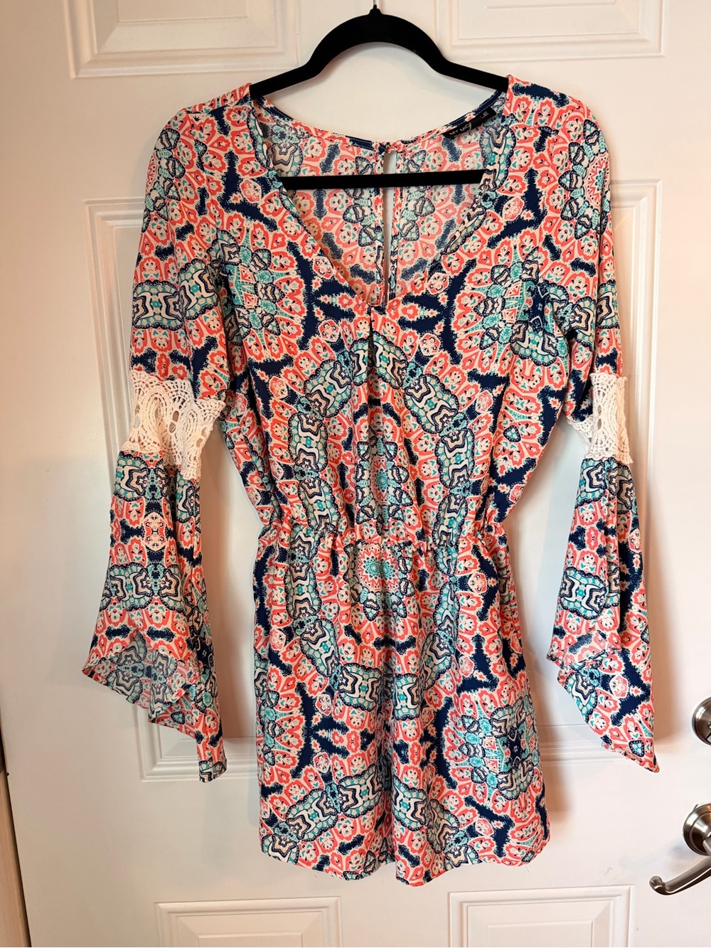 My Michelle Coral, Navy & Teal Boho Romper with Crochet Insets